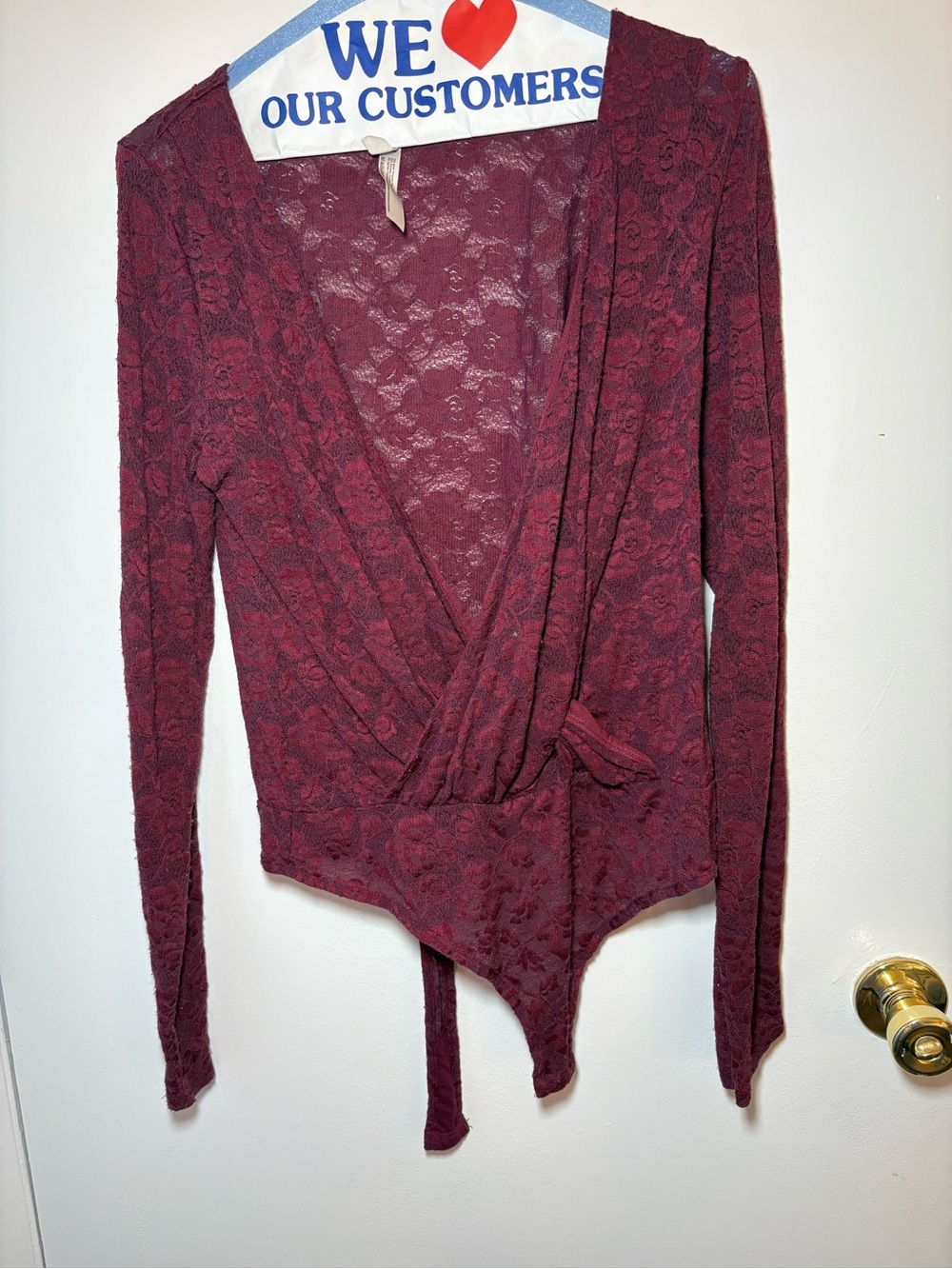 Free People Burgundy Lace Wrap Long Sleeve Bodysuit